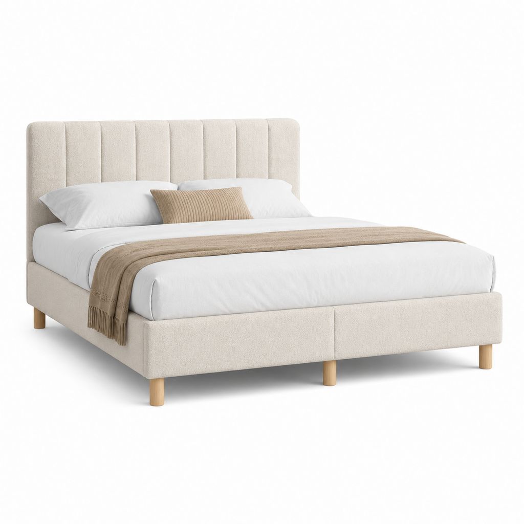 Gepolstertes Doppelbett 160 × 200 cm aus Bouclé beige Stoff mit nacktem Kopfteil und Beine aus Holz
