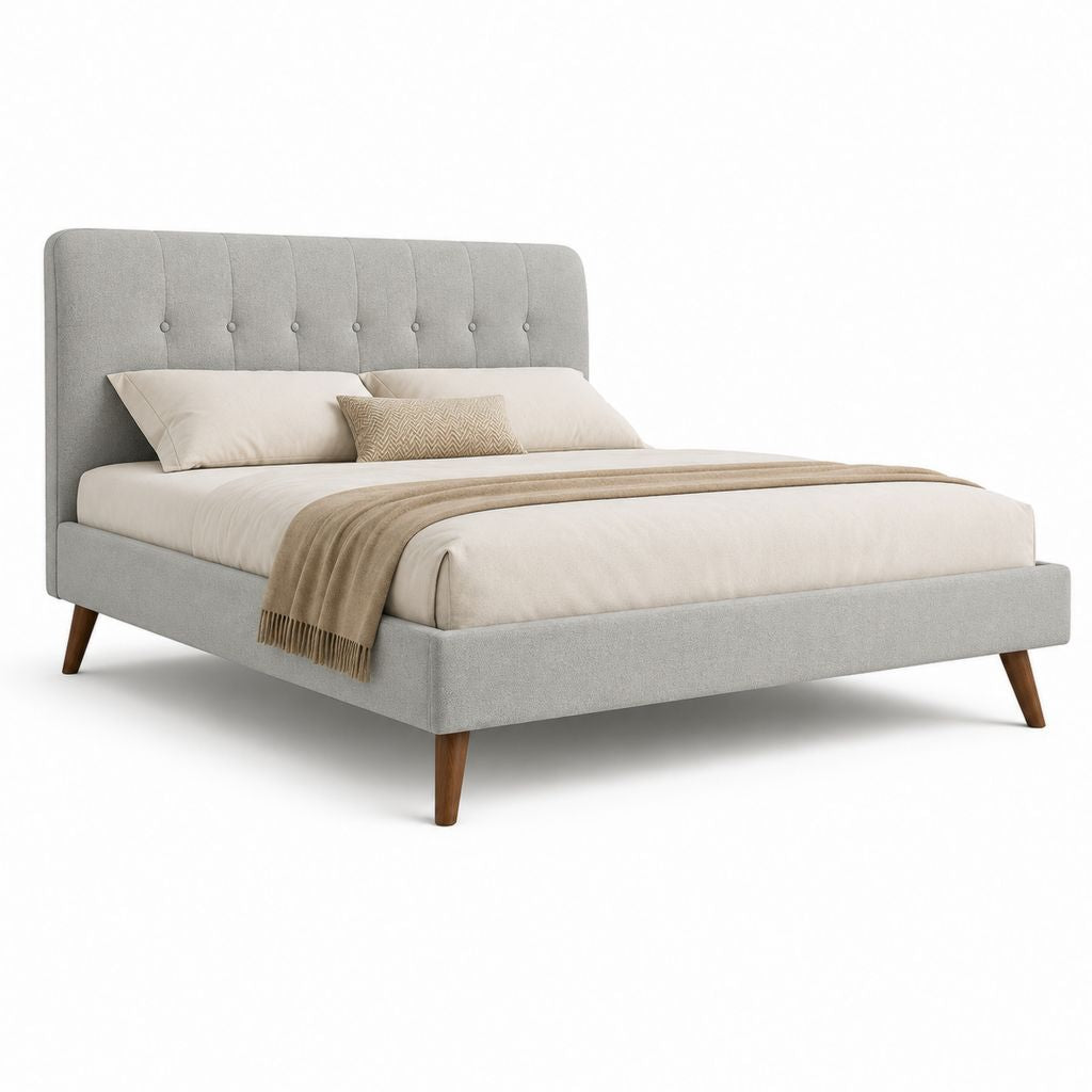 Gepolstertes Doppelbett aus Polyester und Massivholz hellgrau, 169 × 218 × 115 cm, Netz 160 × 200 cm