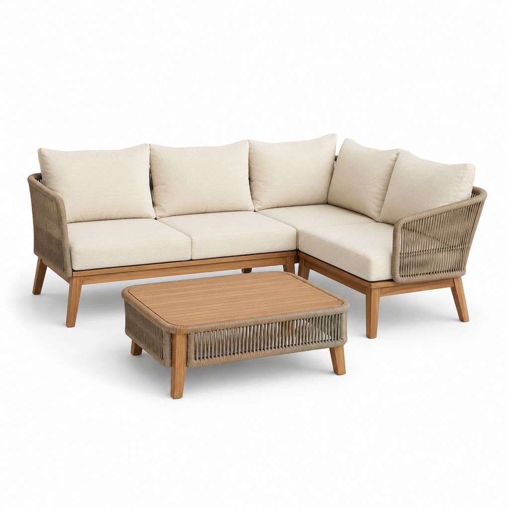 Gartenset mit 4-Sitz Ecksofa aus Holz und beige PE-Seil, 220 × 150 × 78 cm, Couchtisch 100 × 60 × 40 cm