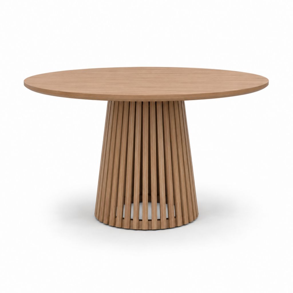 Runder Esstisch aus MDF furniert Eiche mit zentraler Basis, Eiche Braun, Ø120 × H75 cm