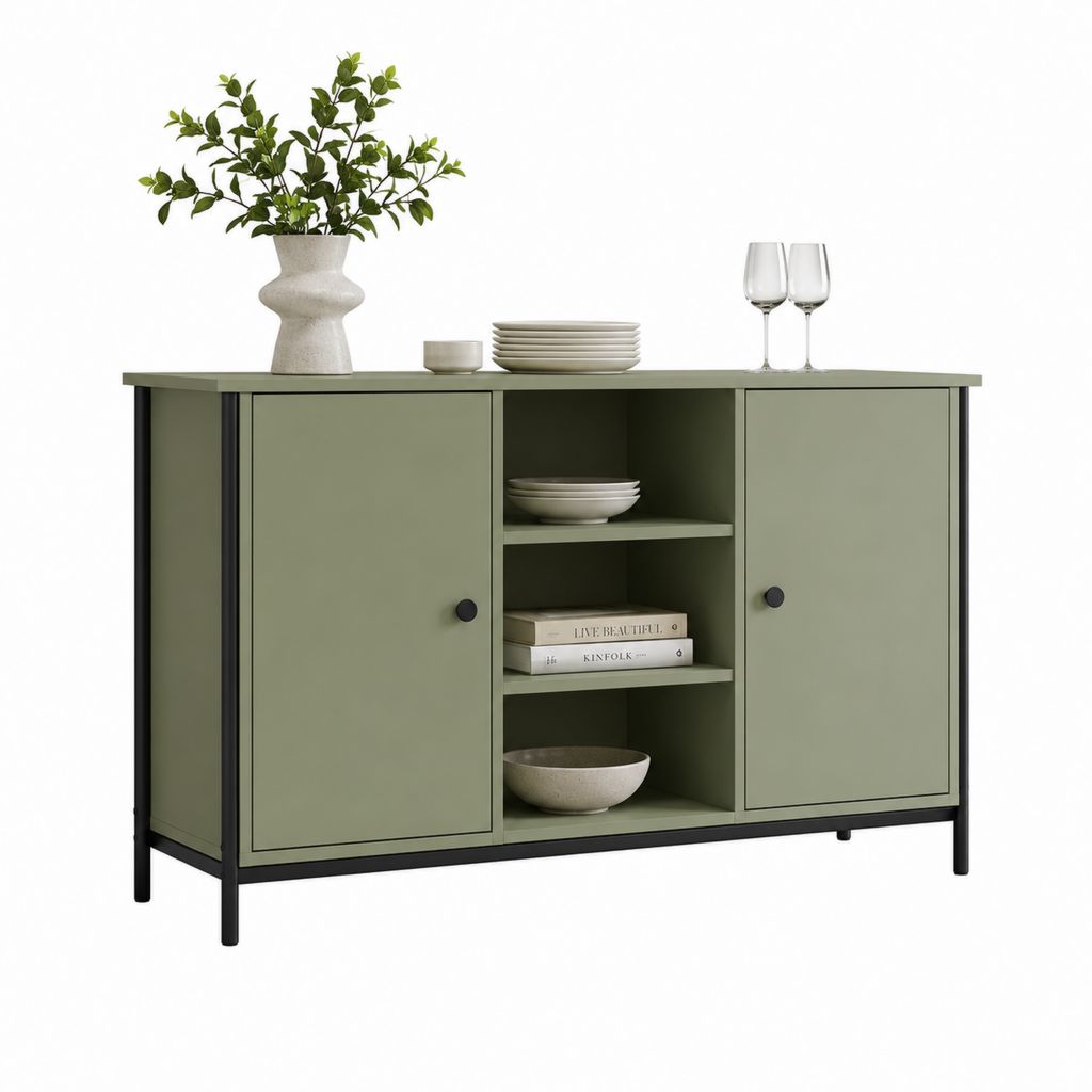 Rechteckiger Stil aus grün-oliv-schwarzem Stahl mit 2 Türen und 3 offenen Räumen, 120 × 40 × 80 cm