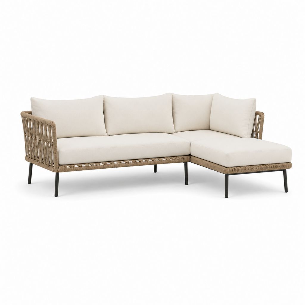 3-Sitz-Gartenecke mit Halbinsel aus Stahl und PE-Seil, Beige und Creme, 220 × 145 × 78 cm