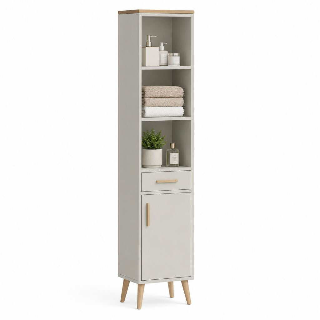Mobile Badezimmer aus Holz mit 3 offenen Räumen, Schublade und Tür, hellgrau und Eiche, 40 × 30 × 180 cm