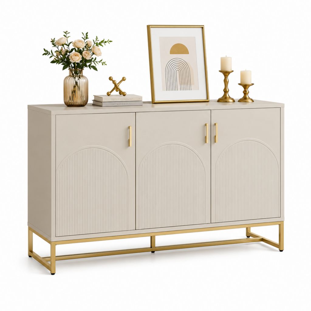 Set 3 pezzi – Dreitüriges Buffet aus Holz und Metall, Beige und Gold, 140 × 40 × 85 cm