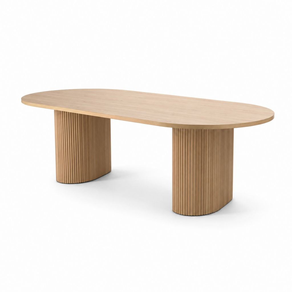 Esstisch oval aus MDF furniert Eiche Natur mit nutten Basen, 200 × 100 × 75 cm