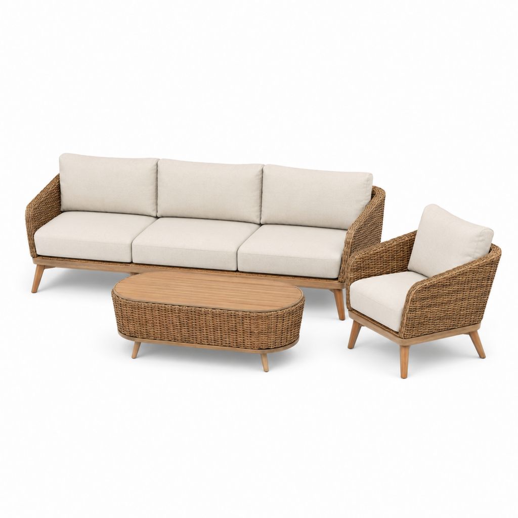 Sitzgarnitur 3 Stück aus Massivholz und PE Rattan, natürliches Braun und Beige, Sofa 200 × 80 × 80 cm, Sessel 78 × 80 × 80 cm und Couchtisch 110 × 60 × 40 cm