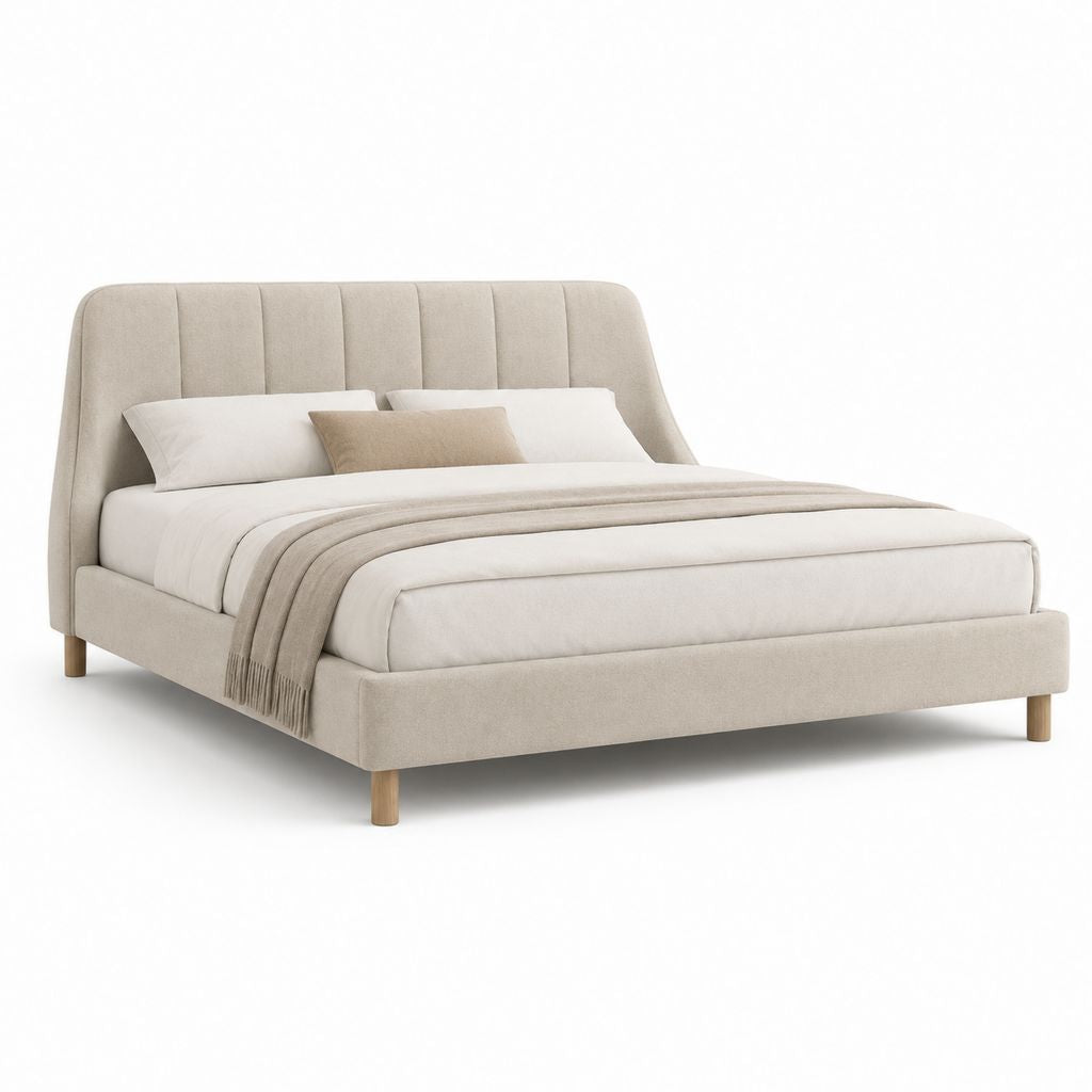 Gepolstertes Doppelbett beige 180 × 200 cm mit Kopfteil und Beine aus Holz, Größe 220 × 193 × 110 cm