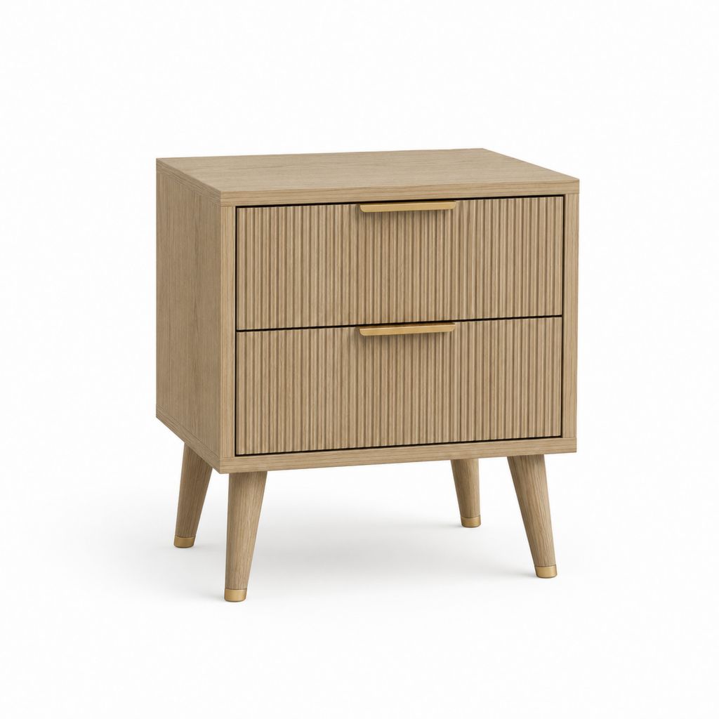 Rechteckiger Nachttisch aus Holz mit 2 Schubladen, Eiche natur Effekt und goldene Details, 50 × 40 × 60 cm