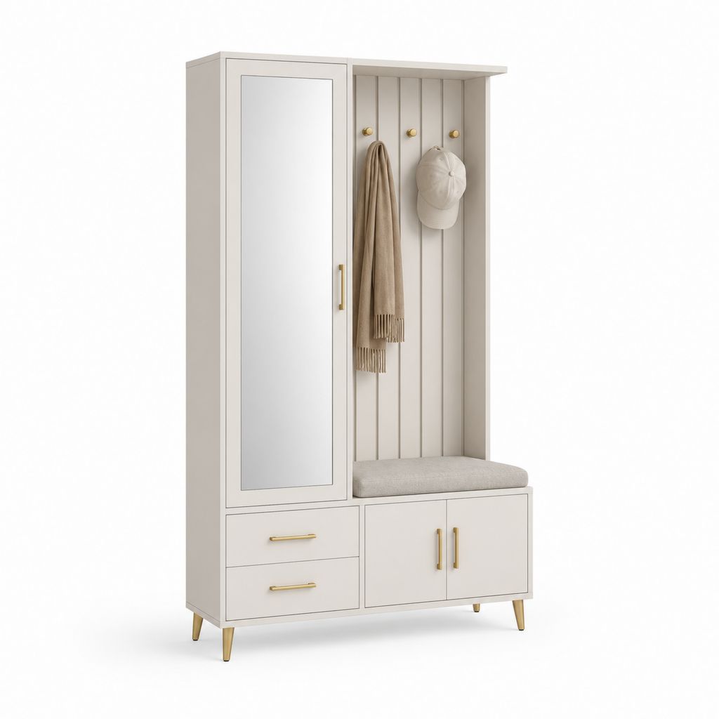 MDF rechteckige Eingang Garderobe mit Spiegel und Bank, 3 Türen, 2 Schubladen und 3 Haken, helles Beige, 120 × 40 × 190 cm