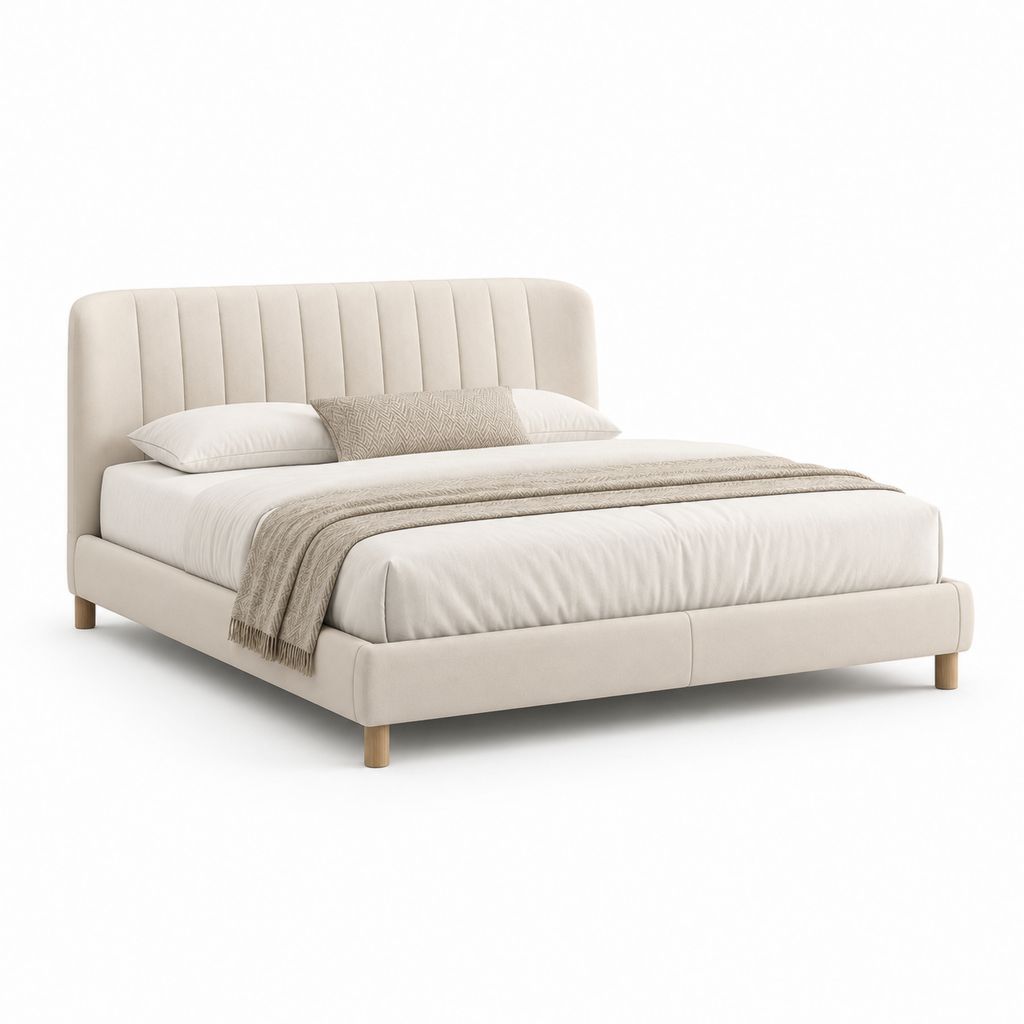 Gepolstertes Doppelbett aus Beige-Gewebe mit Kopfteil, Oberfläche 180 × 200 cm, Abmessungen 200 × 220 × 110 cm