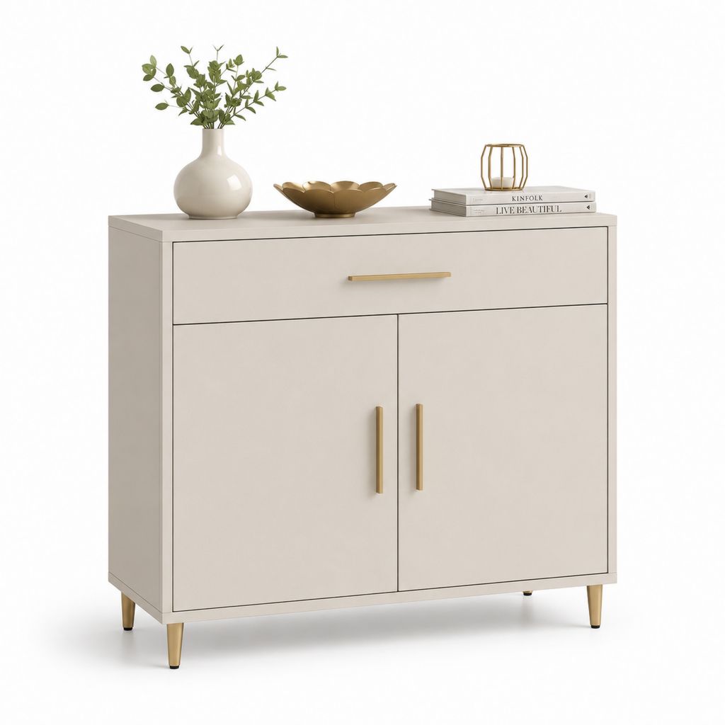 Schrank mit 2 Türen und 1 Schublade aus Beige-Melamin mit goldenen Griffen, 100 × 40 × 100 cm