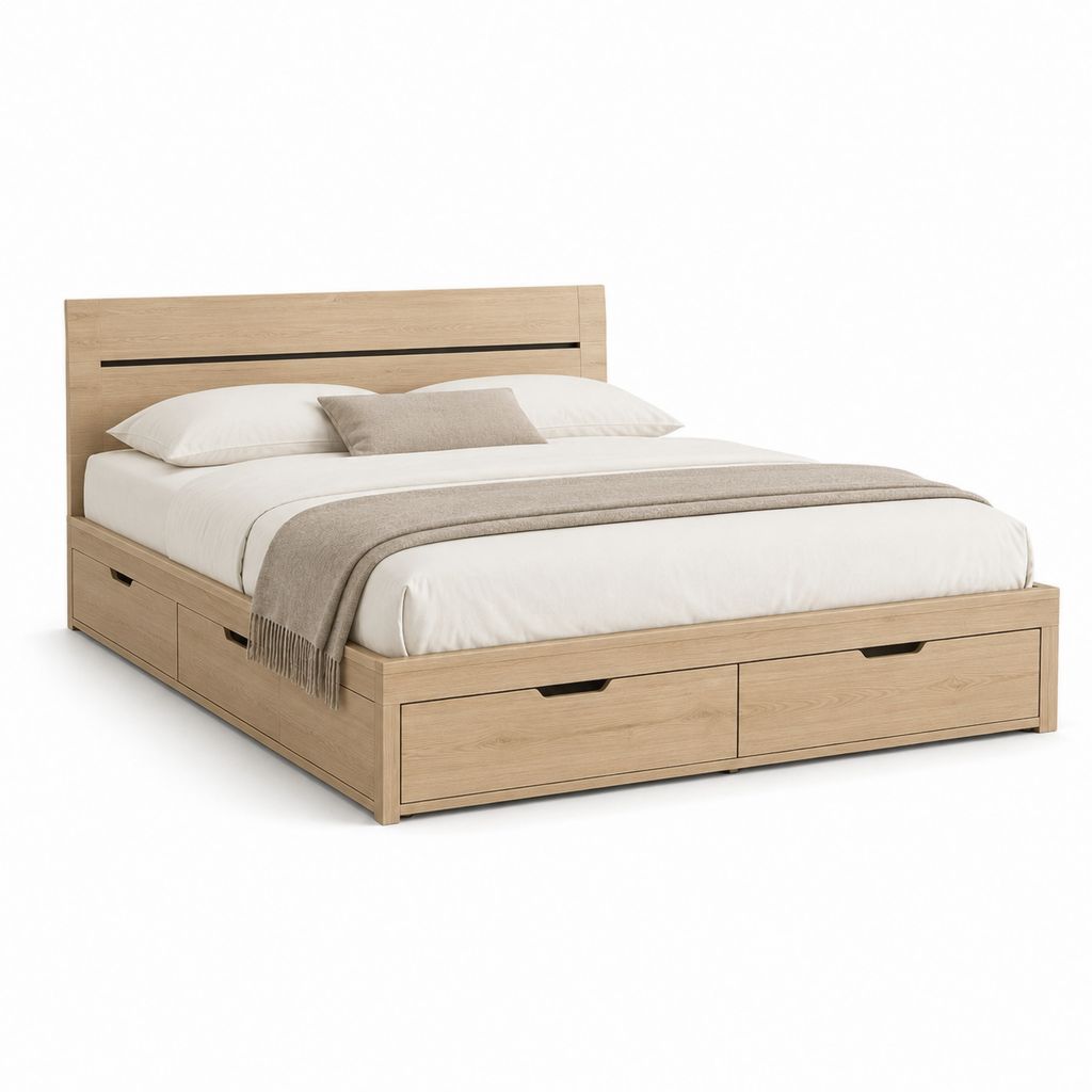 Doppelbett Behälter aus melaminischer Trübe und MDF natürlichen Eiche Effekt mit 6 Schubladen, 218 × 189 × 110 cm, für Matratze 180 × 200 cm