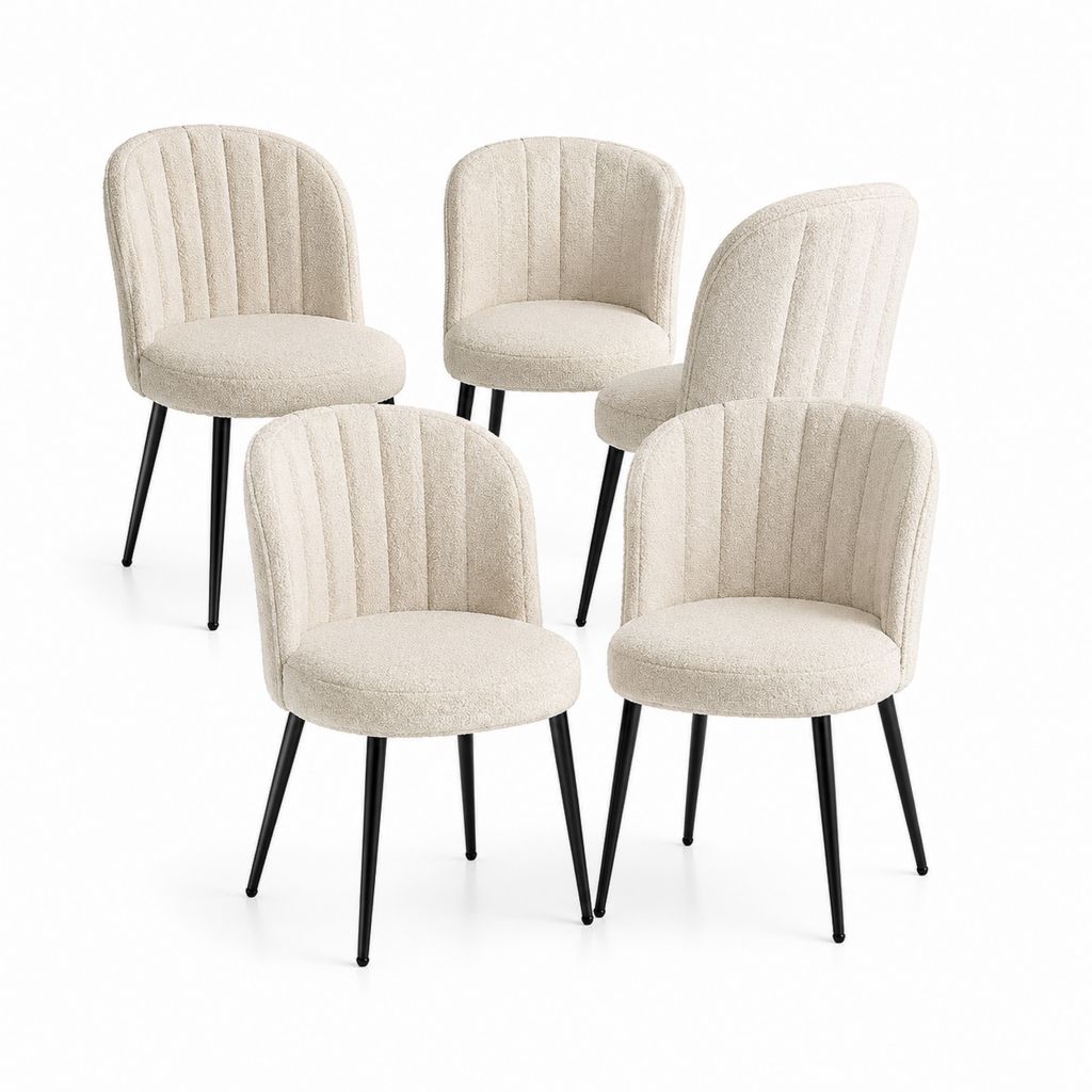 5er-Set Esszimmerstühle aus Boucle Creme mit Beinen aus schwarzem Stahl und abgerundeter Rückenlehne, 55 × 58 × 82 cm