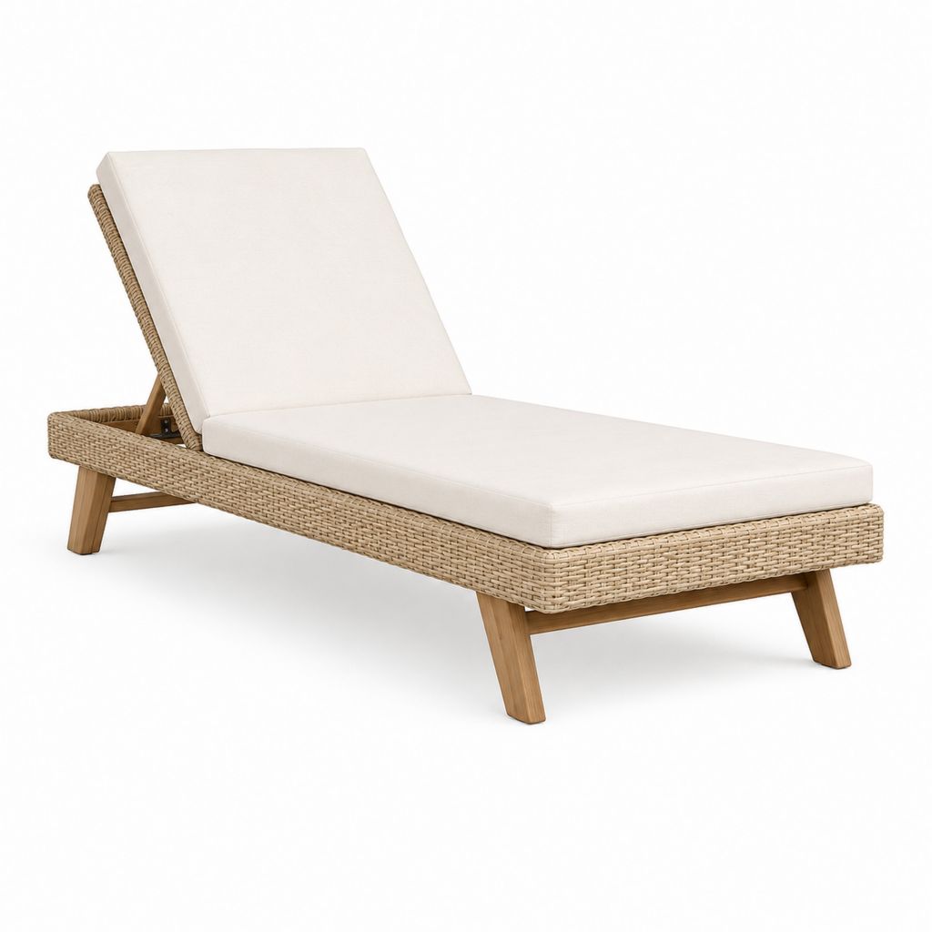 Einstellbares Sonnenbett aus Akazienholz und beige PE Rattan mit Creme-Kissen, 200 × 65 × 35-90 cm