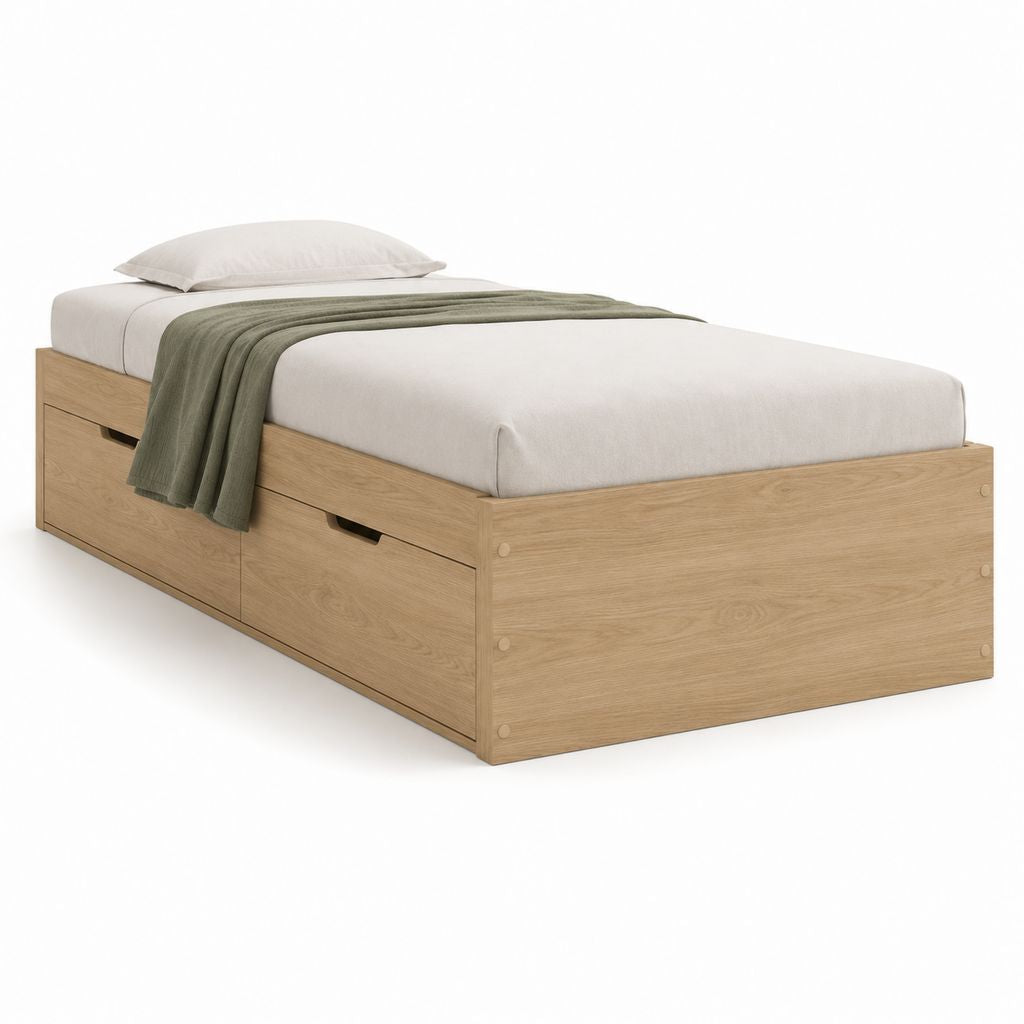 Einzelbett aus Naturholz aus Melamin mit 2 Schubladen, 96 × 205 × 55 cm, für Matratze 90 × 200 cm