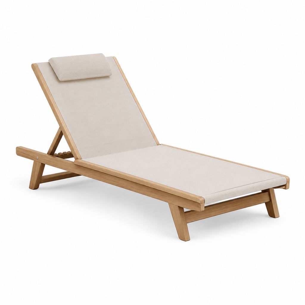 Liegebett aus Holz und beige Stoff, 200 × 65 × 86 cm