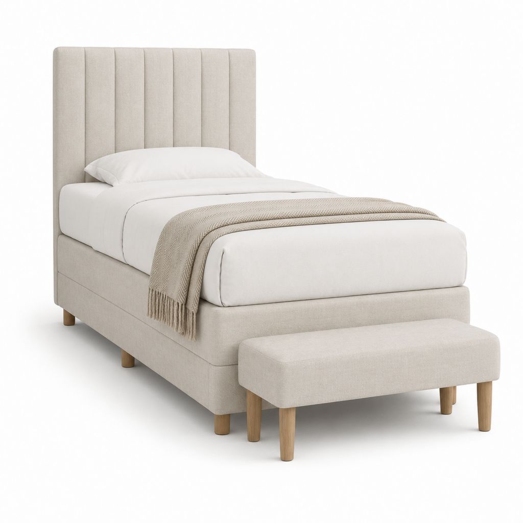 Gepolstertes Einzelbett 90 × 200 cm mit Plattenkopf und Bank 100 × 40 × 42 cm, Set aus 2 Stücken beige Stoff