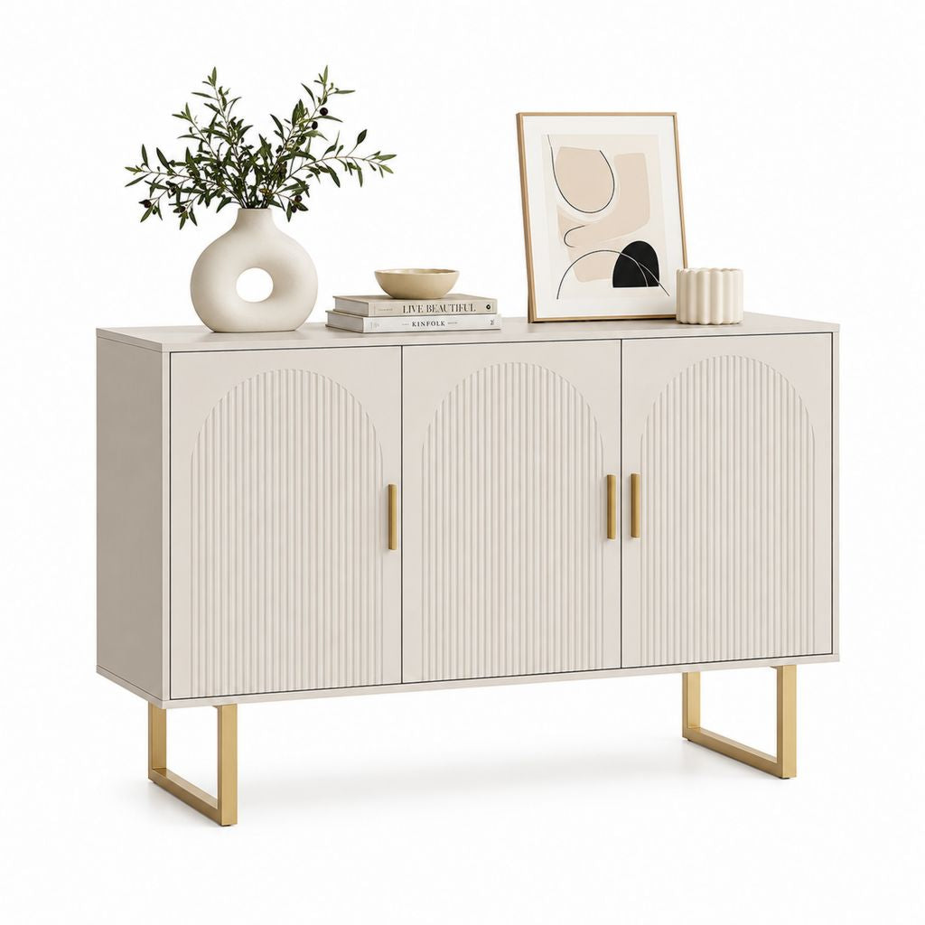 Rechteckiger 3-türiger Glaube aus MDF und Metall, Beige und Gold, 120 × 40 × 80 cm