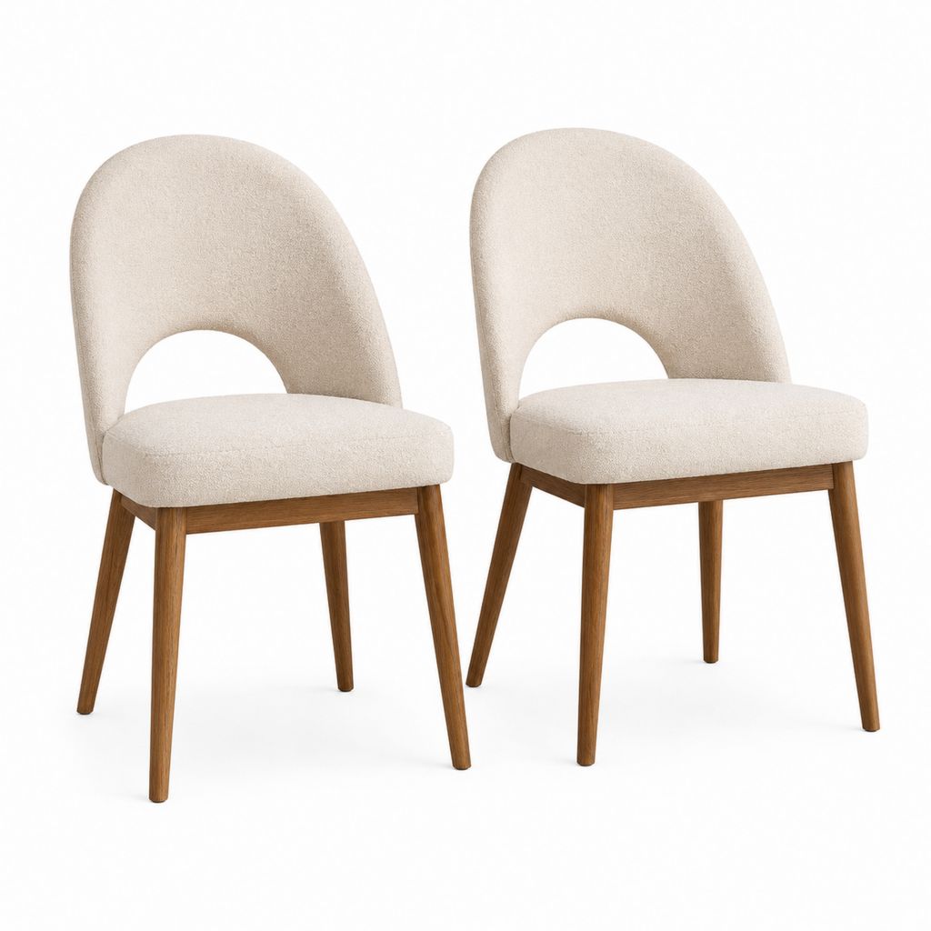 2er-Set Esszimmerstühle mit 2 gepolsterten Essstühlen mit abgerundeter Rückenlehne aus Polyester-Boucle und Massivholz, beige und braun, 49 × 56 × 84 cm