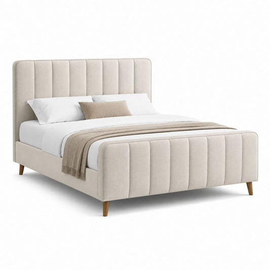Gepolstertes Doppelbett aus Polyester beige, Oberfläche 160 × 200 cm, Abmessungen 218 × 172 × 110 cm, mit Kopfteil und Fußsohle