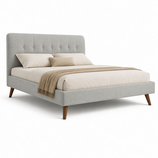 Gepolstertes Doppelbett aus Polyester und Massivholz hellgrau, 169 × 218 × 115 cm, Netz 160 × 200 cm