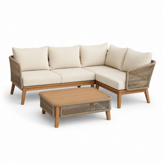 Gartenset mit 4-Sitz Ecksofa aus Holz und beige PE-Seil, 220 × 150 × 78 cm, Couchtisch 100 × 60 × 40 cm