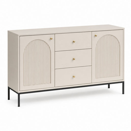 Innenbehang mit 2 Türen und 3 Schubladen aus MDF und Stahl, Beige, Schwarz und Gold, 140 × 40 × 80 cm