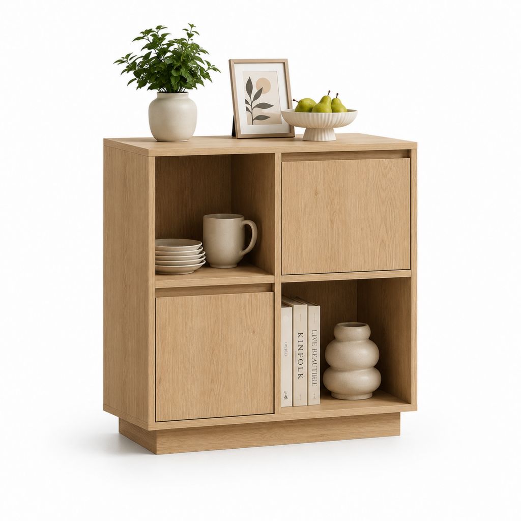 Side rechteckige Behälter aus melaminischer Trübe natürlichen Eiche Effekt mit 2 Türen und 2 offenen Räumen, 80 × 40 × 80 cm