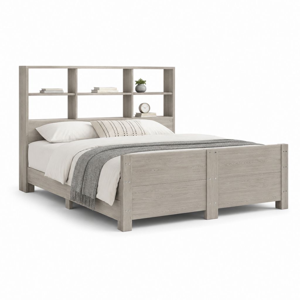 Doppelbett 160 × 200 cm aus Holz mit Bibliothek Kopfteil, 172 × 218 × 150 cm, Eiche grau