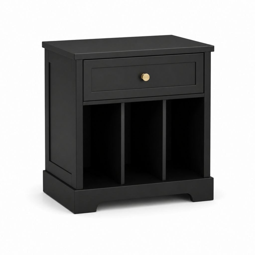 Schwarz rechteckiger Nachttisch aus MDF mit goldfarbenem Knopf, Schublade und 3 Fächerfach, 50 × 40 × 60 cm