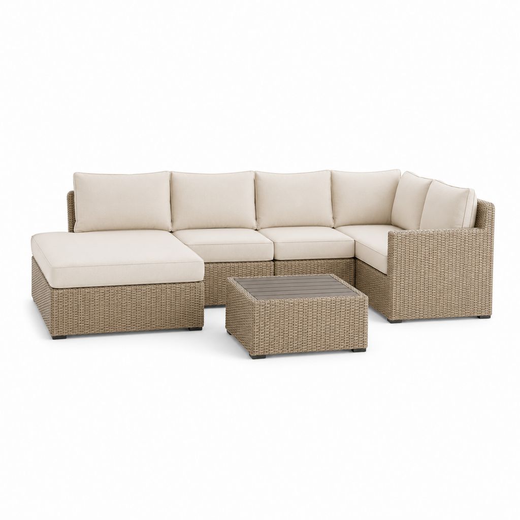 Eckzimmer von außen bis zu 5 Plätzen mit Halbinsel und Tisch in Rattan PE beige, 260 × 190 × 75 cm