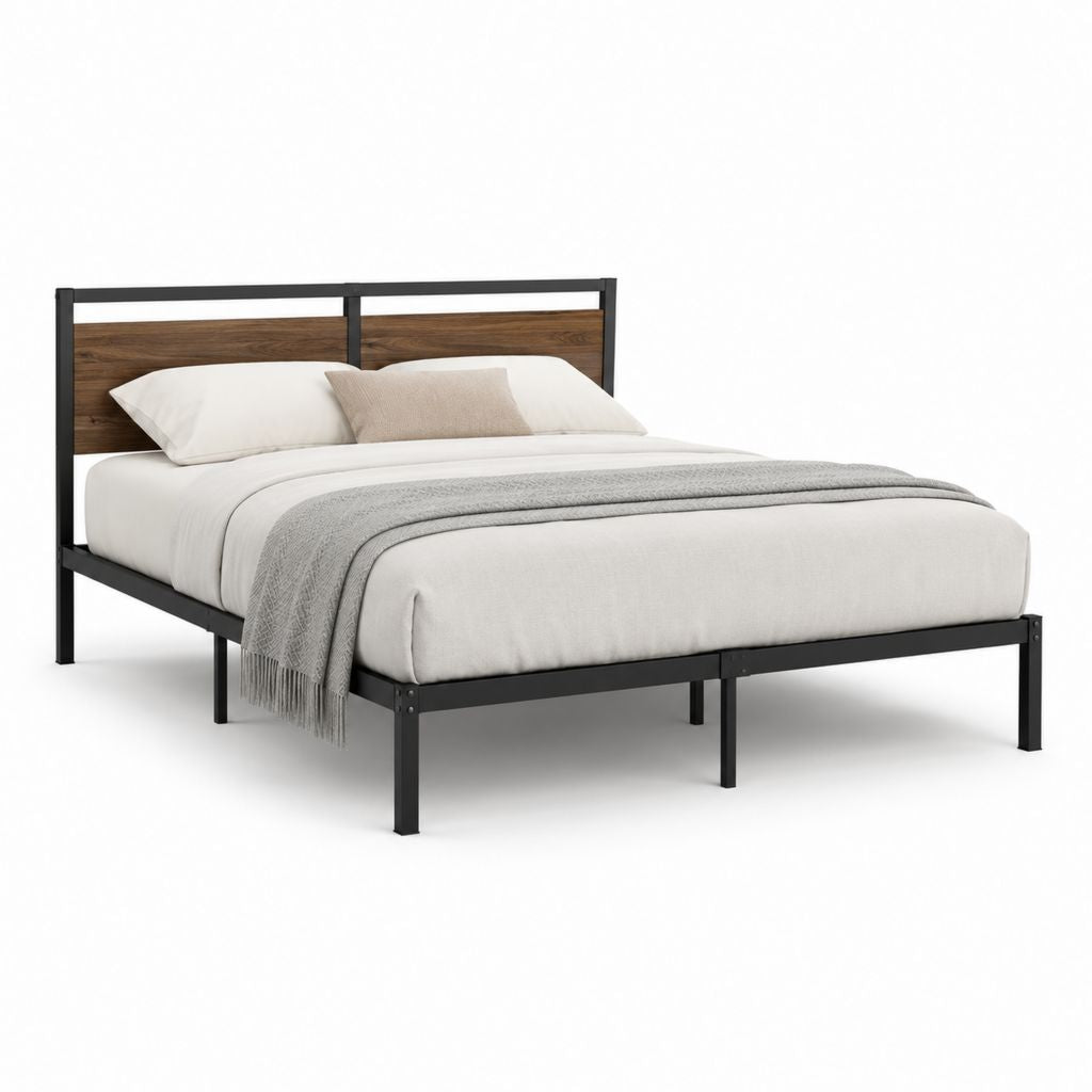 Doppelbett 160 × 200 cm aus schwarzem Stahl mit Holz Kopfteil Nusseffekt, 166 × 207 × 100 cm