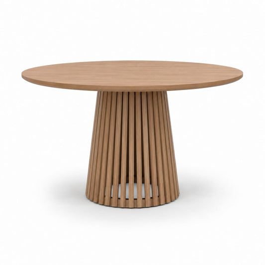 Runder Esstisch aus MDF furniert Eiche mit zentraler Basis, Eiche Braun, Ø120 × H75 cm