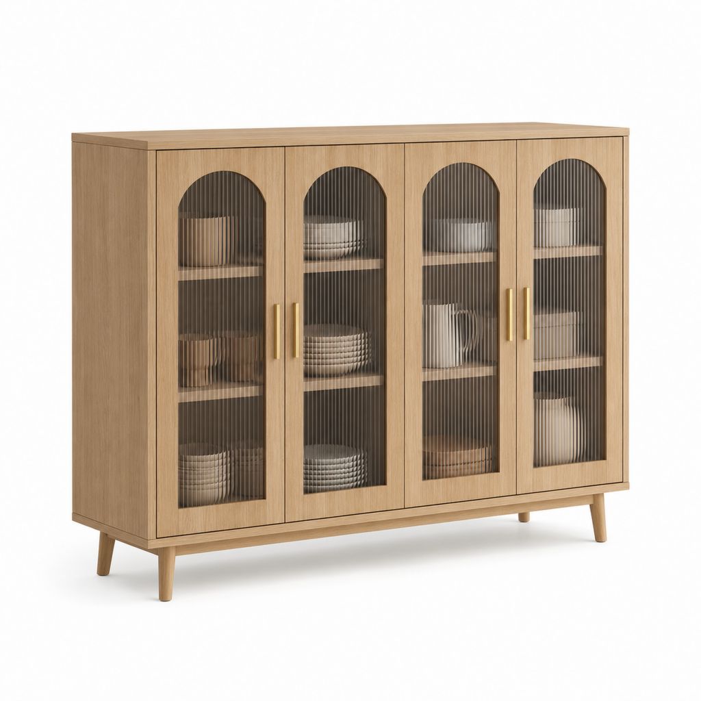 Rechteckiger 4-Gang-Griff aus MDF furniert Eiche und Glas, Naturholz, 140 × 40 × 110 cm