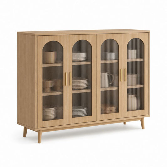Rechteckiger 4-Gang-Griff aus MDF furniert Eiche und Glas, Naturholz, 140 × 40 × 110 cm