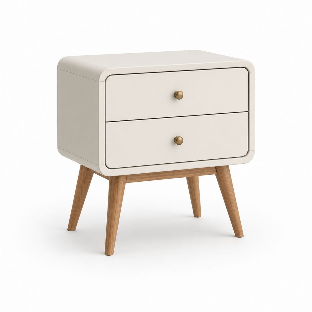 Rechteckiger Nachttisch mit 2 Schubladen aus MDF und Eiche Massivholz, weißer Creme, 50 × 40 × 60 cm