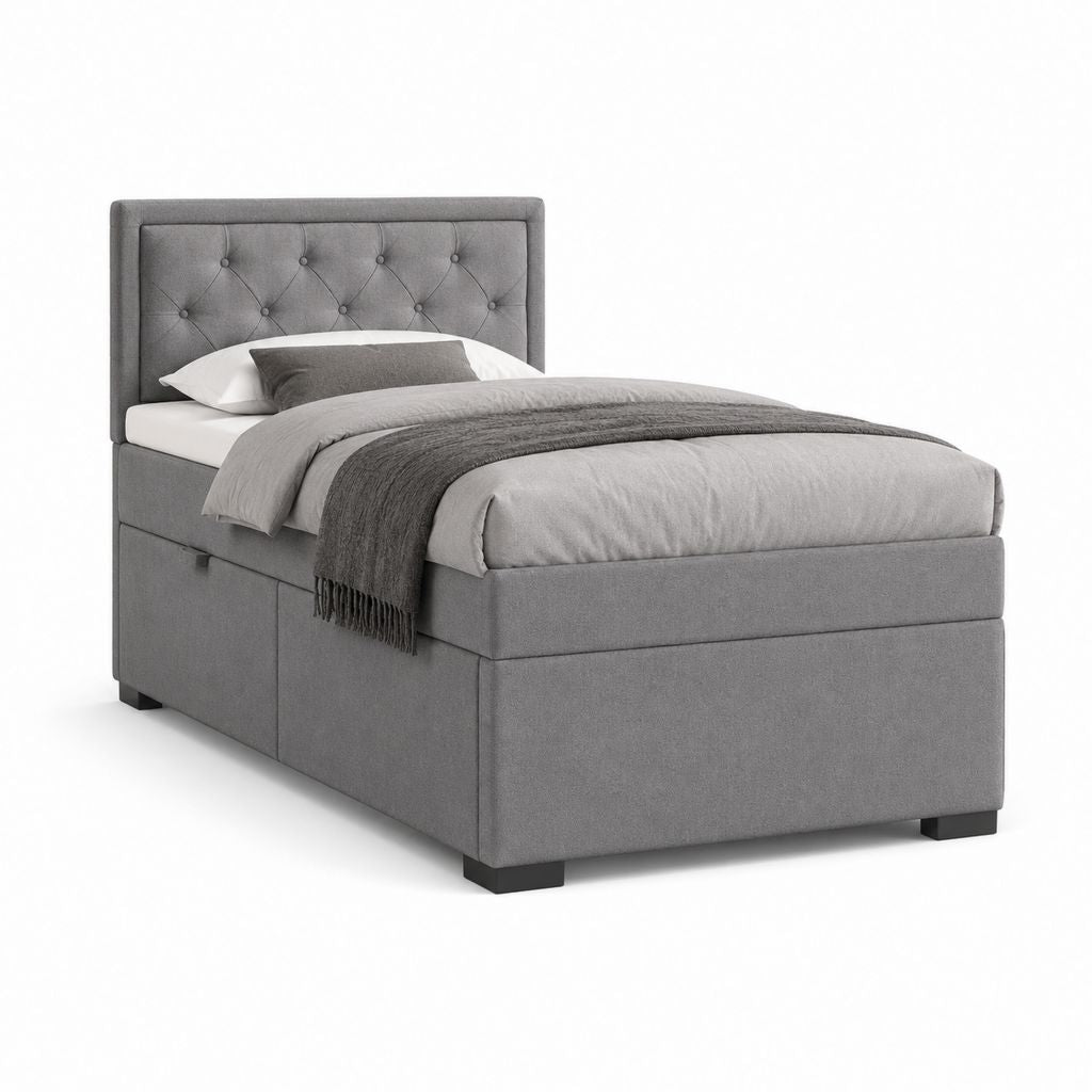 Einzelbett grau Stoffbehälter mit Kopfteil, Oberfläche 90 × 200 cm, Abmessungen 104 × 215 × 120 cm