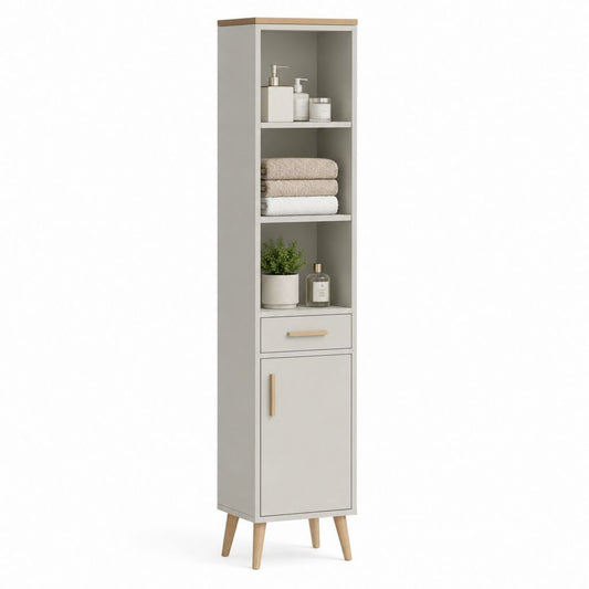 Mobile Badezimmer aus Holz mit 3 offenen Räumen, Schublade und Tür, hellgrau und Eiche, 40 × 30 × 180 cm