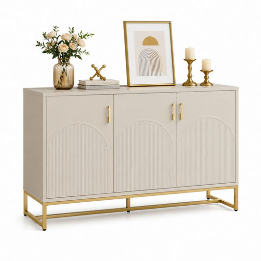 Set 3 pezzi – Dreitüriges Buffet aus Holz und Metall, Beige und Gold, 140 × 40 × 85 cm