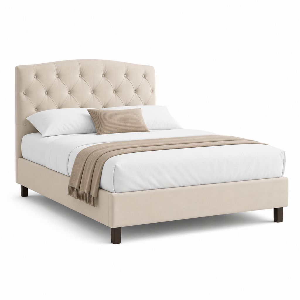 Gepolstertes Doppelbett 160 × 200 cm aus beige Polyester mit Kopfteil und Lattennetz