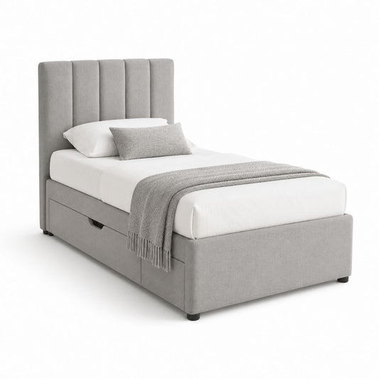 Einzelbett 90 × 200 cm aus hellgrauem Stoff mit gepolstertem Kopfteil und 2 Schubladen