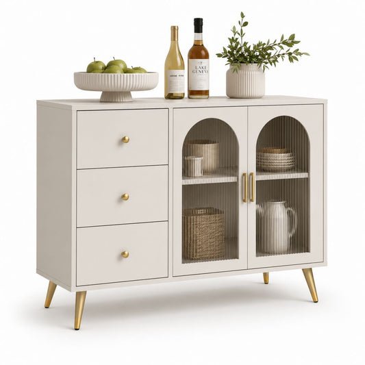 Beige rechteckiger Glaube in Schmiedepanel und Glas mit 3 Schubladen und 2 Türen, 120 × 40 × 90 cm