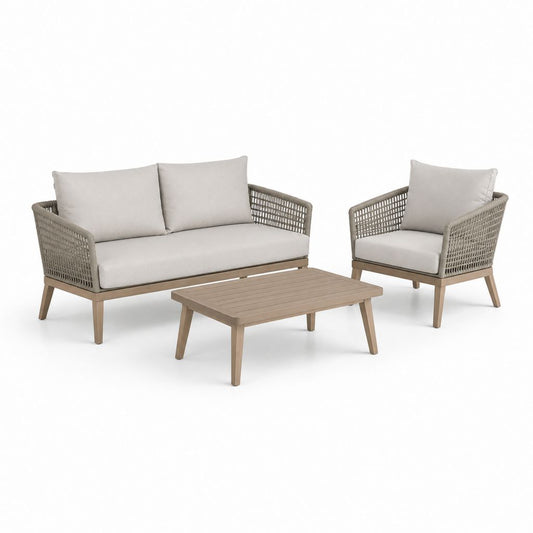 Garten-Set 3 Stücke aus Holz und Seil PP Turteltaube mit Beige Kissen, Sofa 142 × 76 × 75 cm, Sessel 76 × 76 × 75 cm und Couchtisch 100 × 55 × 40 cm