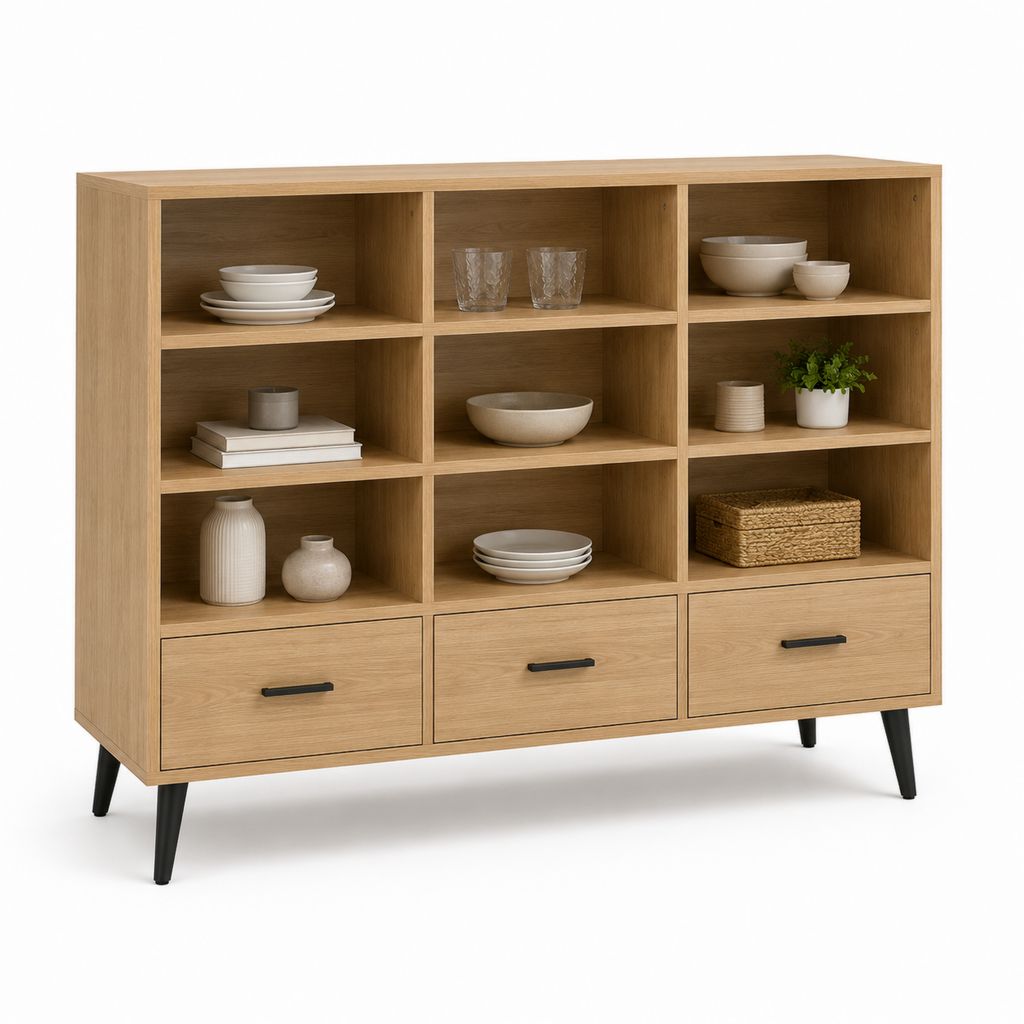 Rechteckiger Schrank aus paneel spaneel melaminischer Eiche Effekt mit 9 Zimmern und 3 Schubladen, 150 × 40 × 115 cm, natürliche und schwarze Eiche