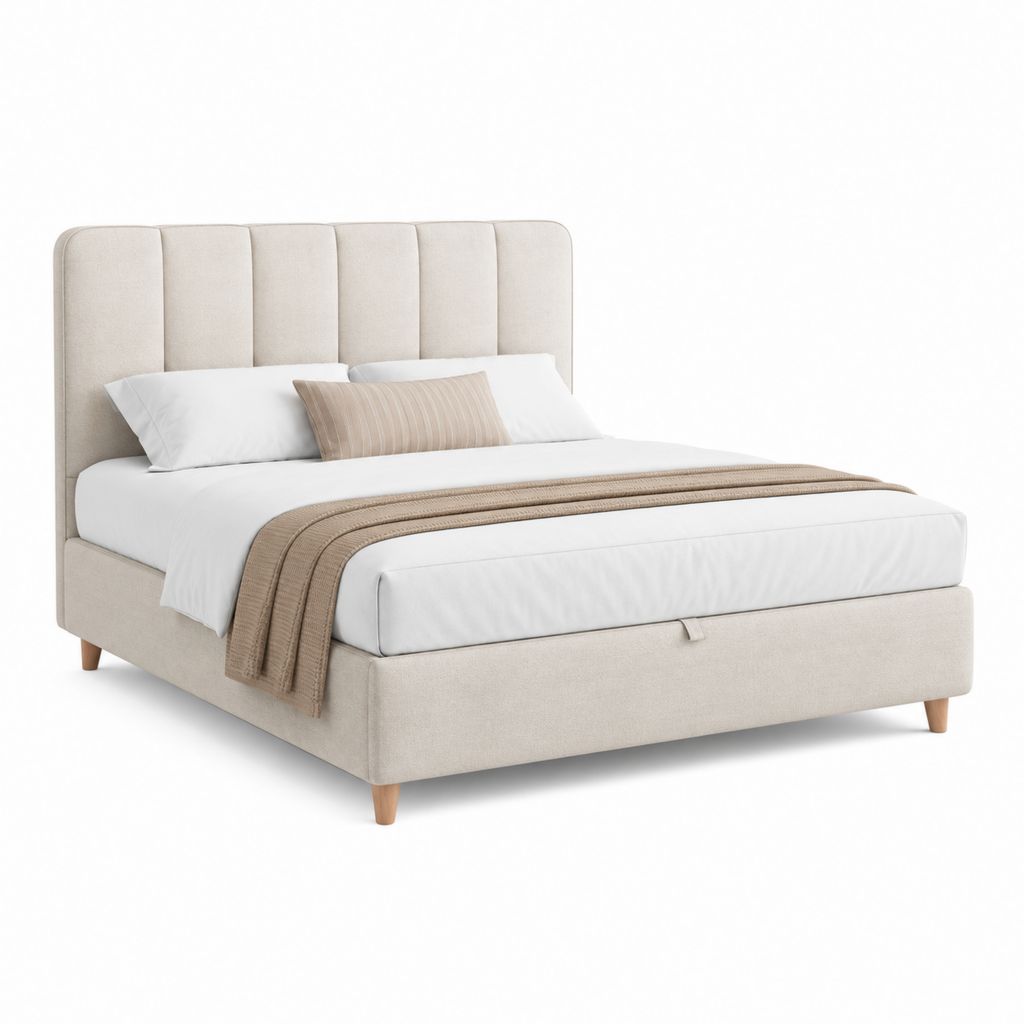 Gepolstertes Doppelbett 160 × 200 cm aus Beige-Gewebe mit Plattenkopf, Holzstruktur und Lattenbasis