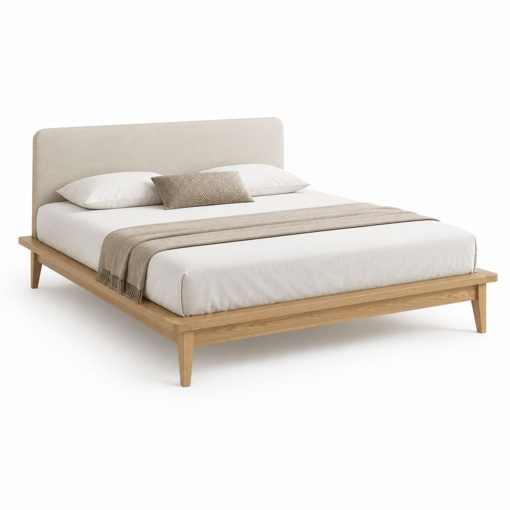 Doppelbett 160 × 200 cm in Naturholz Eiche mit beige gepolstertem Kopfteil, 174 × 218 × 105 cm
