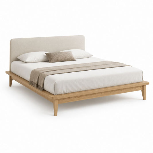 Doppelbett 160 × 200 cm in Naturholz Eiche mit beige gepolstertem Kopfteil, 174 × 218 × 105 cm