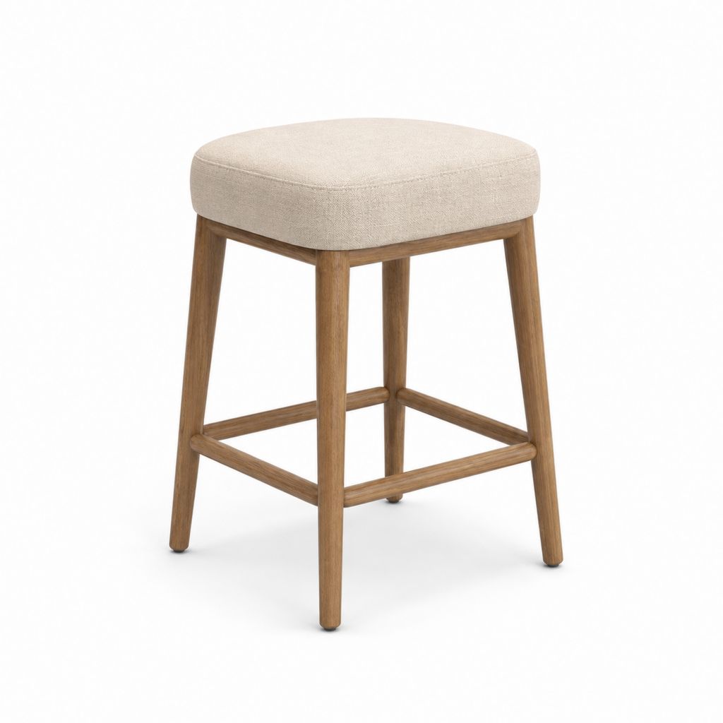 Gepolsterter Tischhocker aus Polyester und Massivholz, beige und braun Nussbaum, 40 × 40 × 65 cm