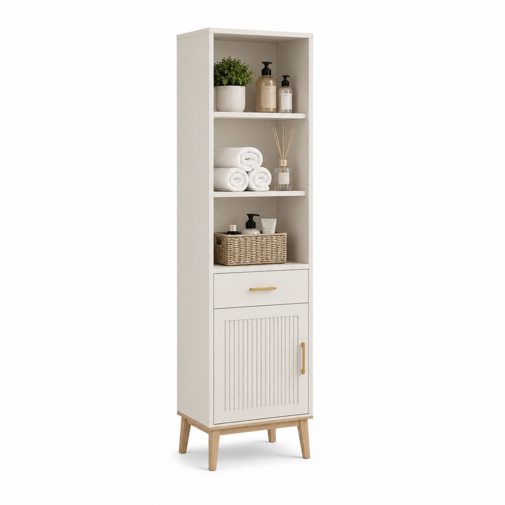 Mobile Badezimmer aus Holz mit 3 offenen Räumen, Schublade und Türe, warmes Weiß, natürliche und goldene Eiche, 40 × 30 × 170 cm