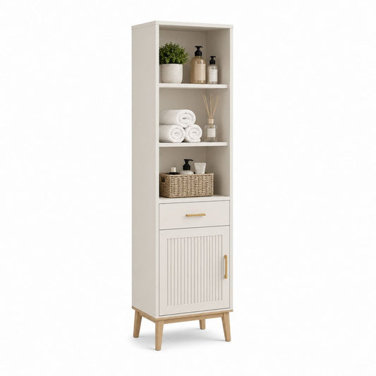 Mobile Badezimmer aus Holz mit 3 offenen Räumen, Schublade und Türe, warmes Weiß, natürliche und goldene Eiche, 40 × 30 × 170 cm